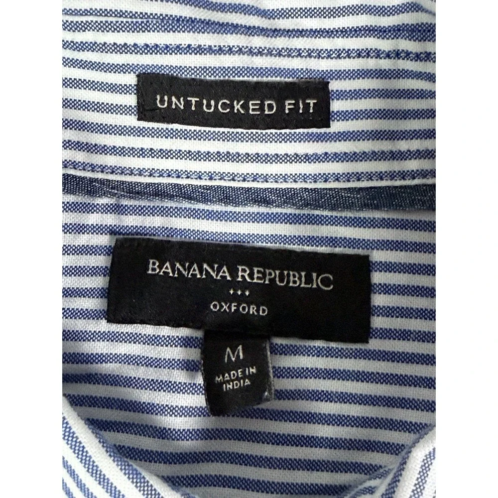 Banana Republic Untucked Oxford Shirt Men Medium Blue White Stripe Cotton Preppy